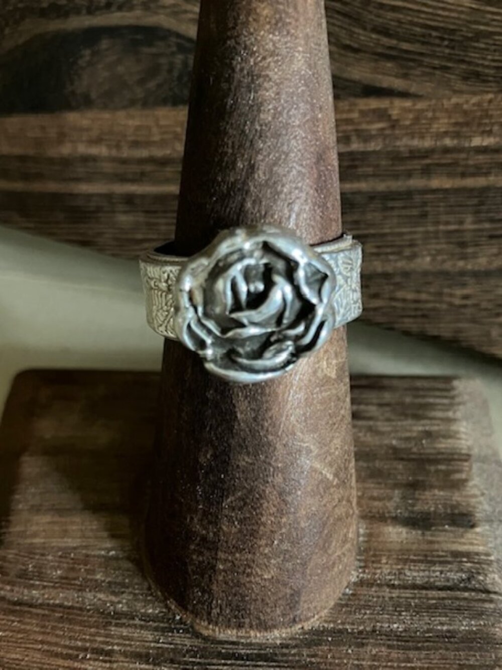 Artisan Rose and leafy band Ring in mixed metals